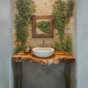 Rustic Live Edge Floating Vanity Handmade Wood Bathroom Sink Shelf Solid Wood Bathroom Counter Top Farmhouse Powder Room Vanity