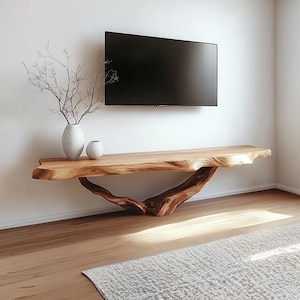 Rustic Live Edge Floating TV Stand, Solid Wood Media Console, Natural Wood Wall Mounted Shelf for Living Room Décor