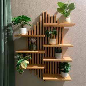 Modern Slatted Wood Wall Shelf | Handcrafted Vertical Panel Display | Scandinavian Natural Floating Plant Rack