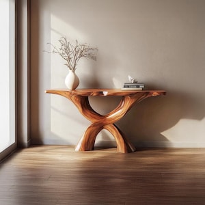 Rustic Wooden Sculptural Entryway Table, Handcrafted Solid Wood Console, Modern Accent Furniture