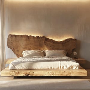 Rustic Solid Wood Live Edge Bed Frame – Handcrafted Organic Modern Platform Bed | Natural Walnut Headboard