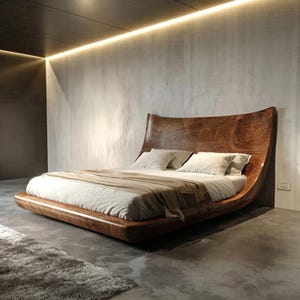 Luxury Solid Wood Platform Bed, Organic Curved Headboard Bed Frame, Handcrafted Natural Wood Bedroom Furniture