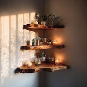 Rustic Corner Floating Shelf: Solid Wood Farmhouse Decor