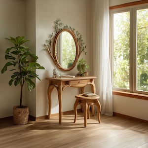 Solid Wood Dressing Table with Mirror Handmade Console Table for Vintage Bedroom Furniture