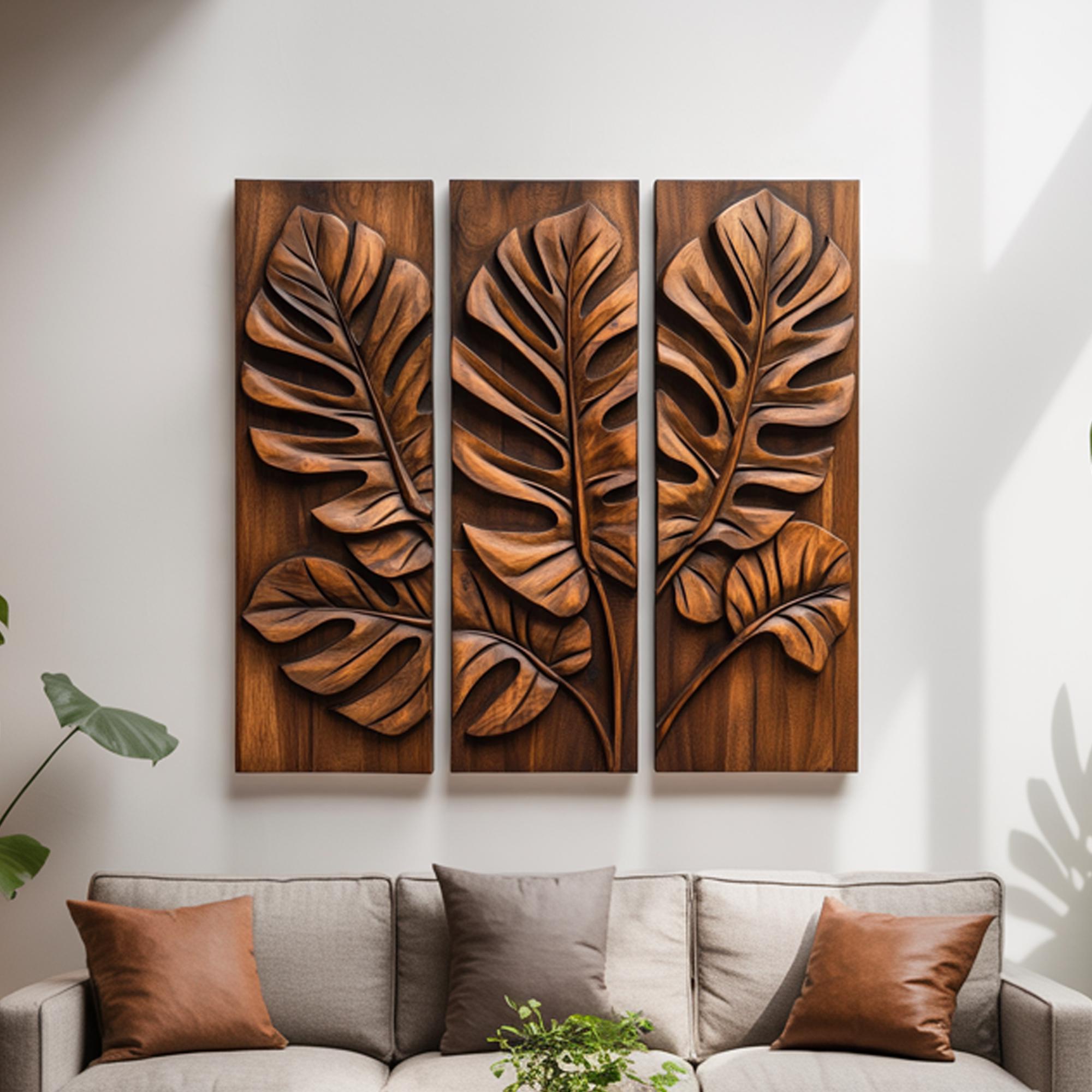 Handcrafted Carved Leaf Wall Art Set | Solid Wood Tropical Monstera ...
