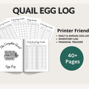 Può includere: Un libro di registro stampabile in bianco e nero per tenere traccia delle uova di quaglia. La copertina presenta il testo "The Complete Quail Egg Log" e un'illustrazione di una confezione di uova di quaglia. Il libro include sezioni per il monitoraggio giornaliero e annuale delle uova, l'inventario e il monitoraggio finanziario. Il libro ha oltre 40 pagine ed è adatto per la stampa.