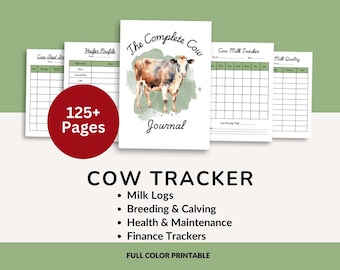 May include: A printable cow tracker journal with 125+ pages. The cover features a watercolor illustration of a brown and white cow. The journal includes sections for milk logs, breeding and calving, health and maintenance, and finance trackers.