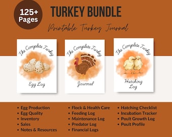 May include: A printable turkey journal bundle with over 125 pages. The cover features three watercolor illustrations of turkeys. The first illustration shows a turkey egg log, the second shows a turkey journal, and the third shows a hatching log.