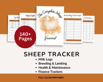 Könnte beinhalten: Ein druckbares Schaf-Tracker-Journal mit einer Aquarell-Illustration eines Schafes auf dem Cover. Das Journal enthält Abschnitte für Milchprotokolle, Zucht und Lammen, Gesundheit und Wartung sowie Finanz-Tracker. Der Text "The Complete Sheep Journal" befindet sich auf dem Cover.