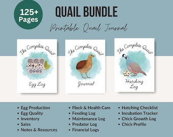 May include: Three printable journal covers for a quail breeding log. The covers are blue, green, and pink with watercolor-style illustrations of quail eggs, a quail, and a quail chick. The text on the covers reads "The Complete Quail" and includes the titles "Egg Log", "Journal", and "Hatching Log".