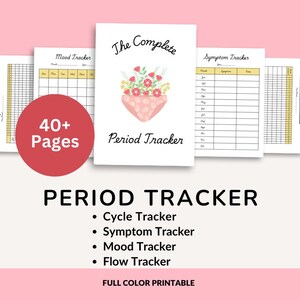 Könnte beinhalten: Druckbarer Perioden-Tracker mit über 40 Seiten. Beinhaltet Zyklus-, Symptom-, Stimmungs- und Fluss-Tracker. Das Cover zeigt ein pinkfarbenes Herz mit Blumen und den Text "The Complete Period Tracker".
