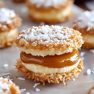 Coconut Alphajores, ein süßer, zäher Kokosnuss-Leckerbissen mit einer reichhaltigen Dulce de Leche-Füllung. Perfekt für Kokosnussliebhaber!