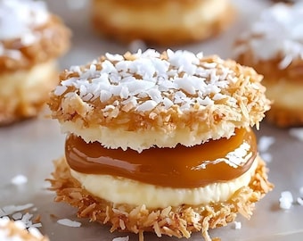 Coconut Alphajores, a sweet, chewy coconut treat with a rich dulce de leche filling. Perfect for coconut lovers!