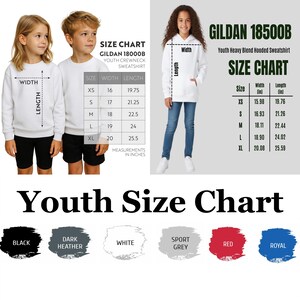 May include: Image features a youth size chart for Gildan sweatshirts. The chart includes measurements in inches for crewneck and hooded sweatshirts, with size options from XS to XL. Color swatches for black, dark heather, white, sport grey, red, and royal are also shown.