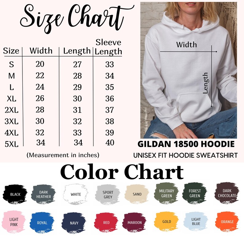 May include: Size and color chart for a Gildan 18500 unisex fit hoodie sweatshirt. The size chart shows measurements in inches, ranging from S to 5XL. A color chart displays various options, including black, white, and navy.