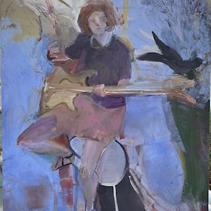 May include: A painting of a person playing a guitar. The person is wearing a purple shirt and a pink skirt. The background is a blue and white abstract design.