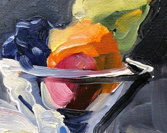 Miniature Fruit Compote in Glass Vase Oil Painting on Canvas Panel, Original Art, Home Décor, One of a Kind Miniature Art, Housewarming, Art