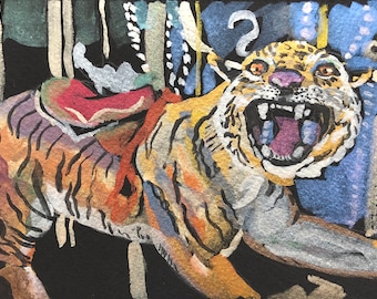 Carnival Carousel Ride, Ferocious Carousel Tiger, Small Painting, Watercolor, Art & Collectibles, Series, Original Art, Black Paper, Lush