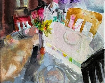 Table watercolor painting on stretched ca