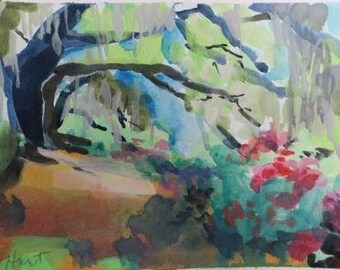 impressionist watercolor landscape - low country -  South Carolina - plantation - 5x7 - gouache - green - orange - Angel Oak - trees - art