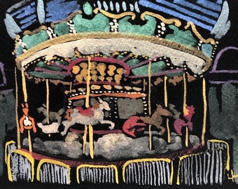 Carnival Carousel, horses, tigers, birds, elephants, lights, rides, watercolor, shimmery paint, original art, one of a kinds, small painting