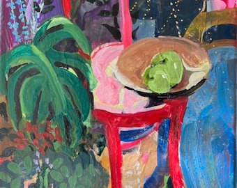 Red chair with green pears, original watercolor gouache acrylic, interior painting , artist Linda Hunt., NEW