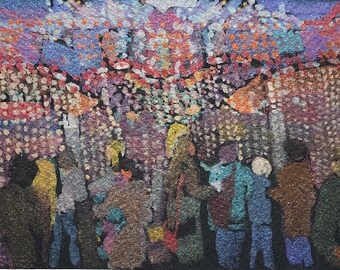 Carnival Spectators Watching a Light Show, Watercolor, Finetec Watercolor, Original Painting, One of a Kind Painting, Housewarming, Small
