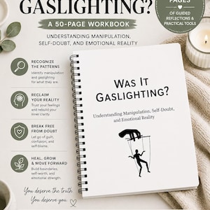 Może przedstawiać: Spiralny zeszyt ćwiczeń zatytułowany Was It Gaslighting? Understanding Manipulation, Self-Doubt, and Emotional Reality. Okładka zawiera czarną grafikę przedstawiającą dłoń sterującą osobą jak marionetką. Zawiera ponad 50 stron z ćwiczeniami.