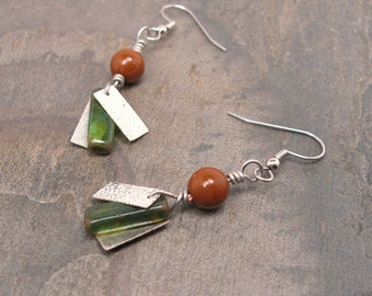 Earrings, Silver, Brown, Green, Glass dangling, ear wire, light, comfortable, unusual earrings, gift for her, gift for them, stainless steel