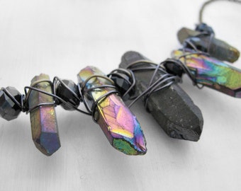 Quartz Point Necklace Crystal Necklace Tribal Necklace Ancient Primordial Prehistoric Themed Jewelry Rainbow Quartz Necklace LARP Cosplay