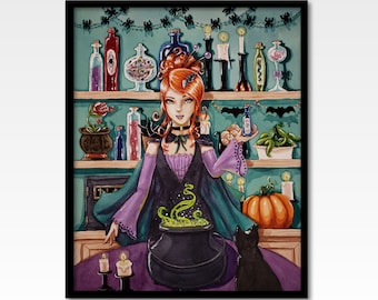 Witch Watercolor Painting, Giclee Print, Archival Quality, Art, Decor, Artist, Apothecary, Halloween Artwork, Spooky, Goth