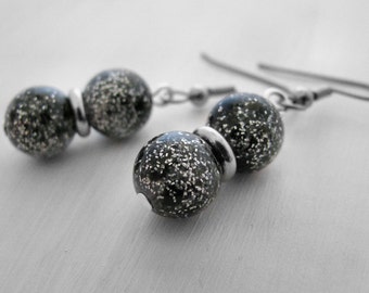 Glitter Earrings, Black Earrings, Silver Earrings, Mod Earrings, Vintage Lucite, Party Earrings, New Years Eve, Stainless Steel Earrings