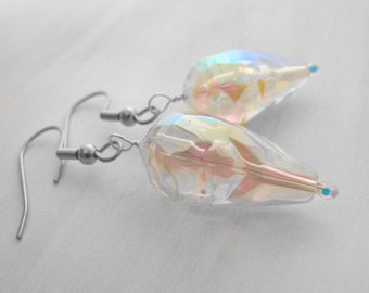 Rainbow Iris Drop Earrings with Vintage Lucite AB Beads Iridescent Retro Earrings