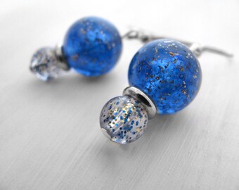 Cobalt and Gold Glitter Drop Earrings with Vintage Lucite Beads