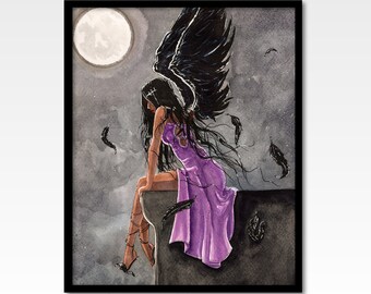 Dark Angel Watercolor Painting, Giclee Print, Archival Quality, Art, Decor, Artist, Artwork, Spooky, Goth, Goddess Icon, Full Moon, Altar