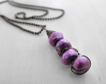 Freshwater Pearl Necklace Purple Pearl Necklace Vintage Brass Necklace Wire Wrapped Pearls Fushia Pearls Mauve Pearls