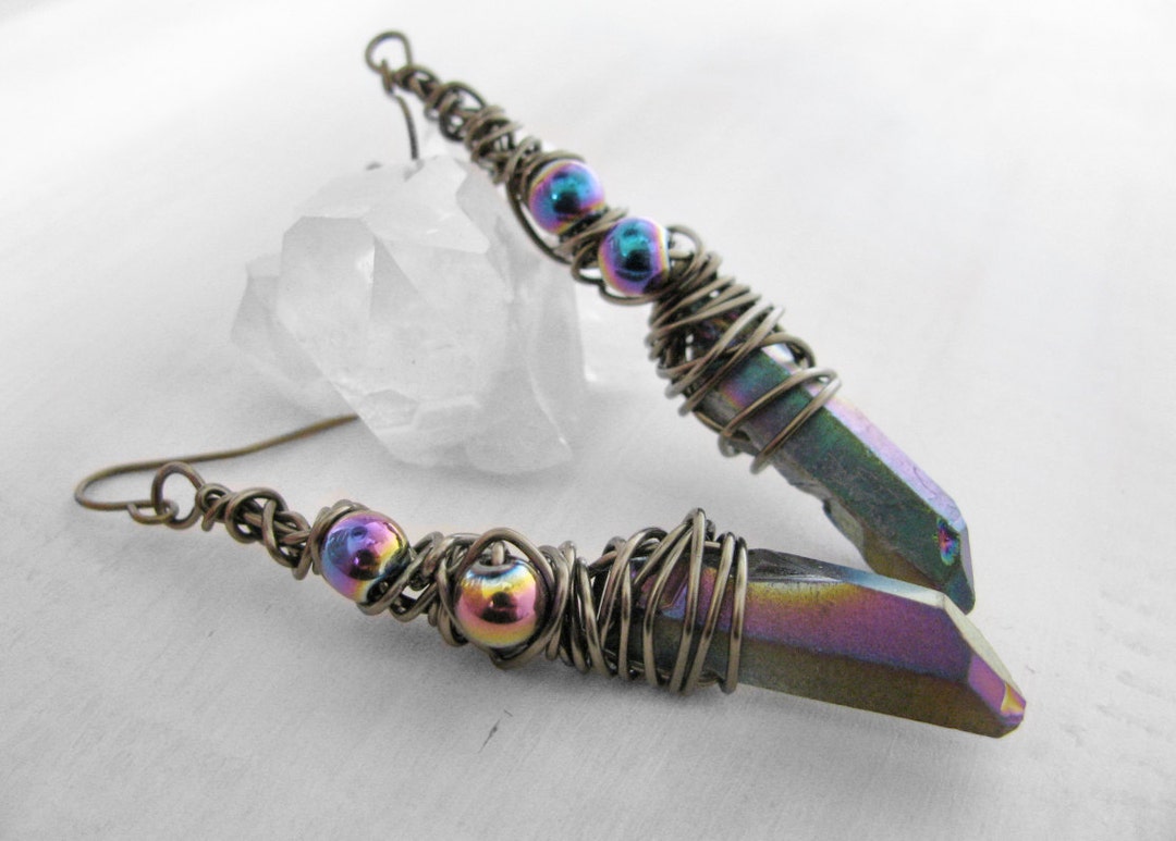 Rainbow Quartz Earrings Quartz Point Earrings Wire Wrapped Earrings