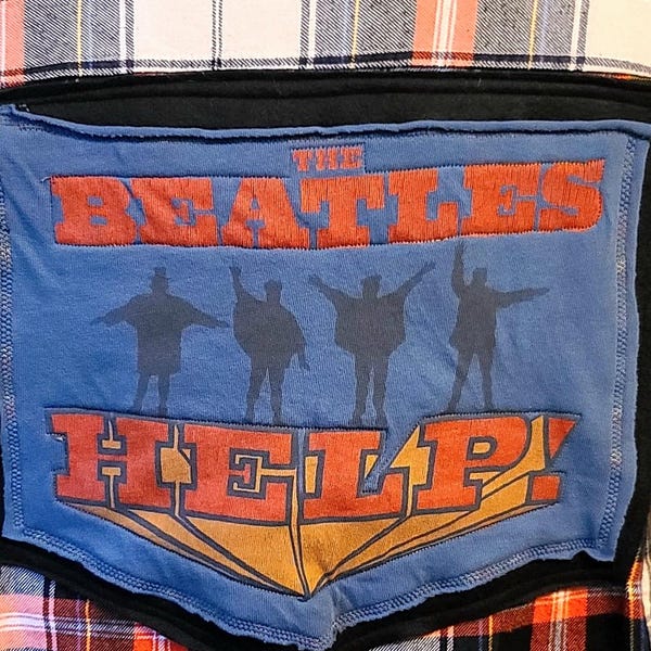 Super Rare Beatles Shirt Embroidered on Fleece Patch of Upcycled Flannel Shirt- US size Large, Interior Pocket