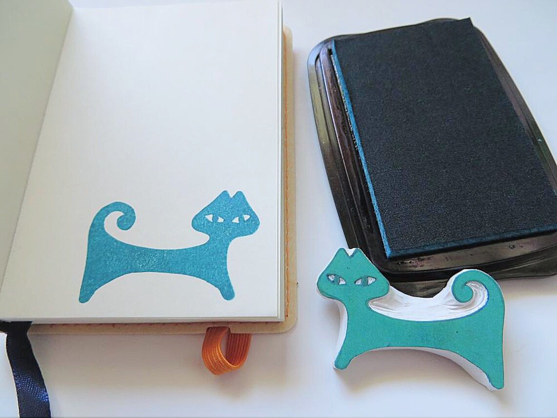 Cat Rubber stamp Mid Century Pottery Cat Stamp Hand Carved Etsy