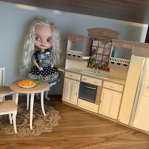 Blythe, Barbie or fashion doll kitchen set. Repainted with Fusion Mineral Paint. Blythe, Barbie dollhouse furniture.