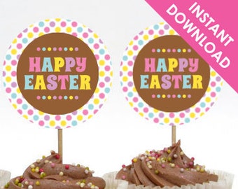 Happy Easter 2" Circle Cupcake Toppers, Tags or Stickers, Easter Cookie Tags, Gift Tags, Instant Download, Printable PDF, Digital File