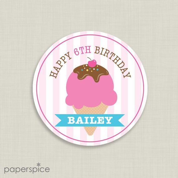 Personalized Ice Cream Party Tags or Stickers – 2, 2.5 or 3 Inch Circle – DIY Printable - Pink (Digital File) Il_570xn