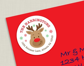 Christmas or Holiday Address Label Round, Return Address Label, DIY Printable Personalized, 2 Inch Circle, Rudolph Reindeer, Digital File
