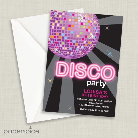 Disco Party Invitation, Dance Party Invite, Kids Birthday Party Invitation, Disco Ball, DIY