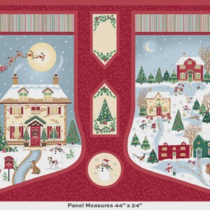 May include: A fabric panel featuring two large Christmas stockings on a dark red background with small white dots. The stockings display winter village scenes with houses, snow, trees, Santa, and reindeer. Text at the bottom reads Panel Measures 112 cm x 61 cm.