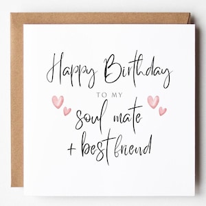 Soulmate Birthday Card, Best Friend Card, Husband Wife, Partner Couple, Pink Hearts, Simple Minimalist