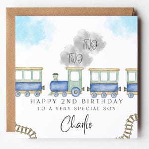Son Train 2nd Birthday Card, Personalised Name, Choo Choo Track, Gift For Him, Little Boy, Happy Birthday