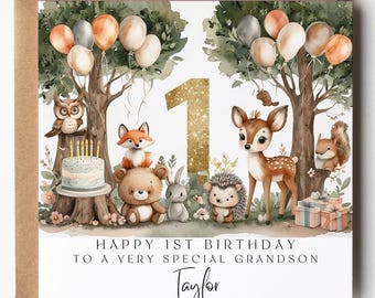 Grandson 1st Birthday Card, Woodland Animals, Personalized