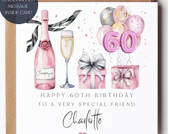 Cartão de aniversário de 60 anos com champanhe rosé: Balões personalizados
