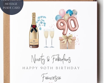 Rose Gold 90th Birthday Card: Champagne Balloons, Personalized